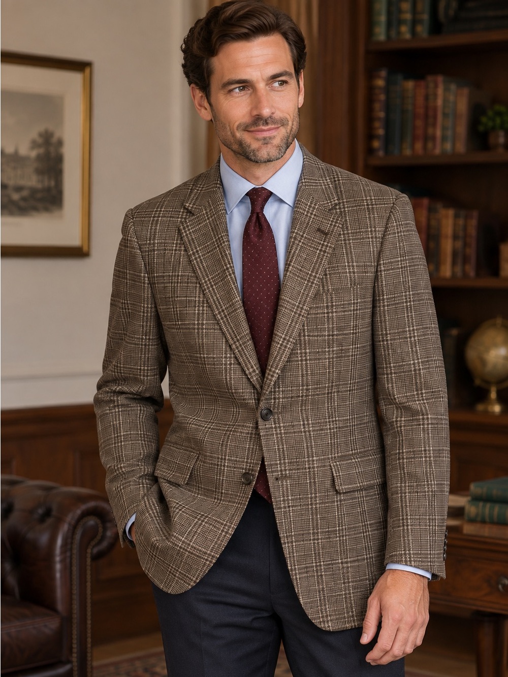 Saville Row Varsity Club Wool Plaid Sport Coat Men 44L Brown Vintage